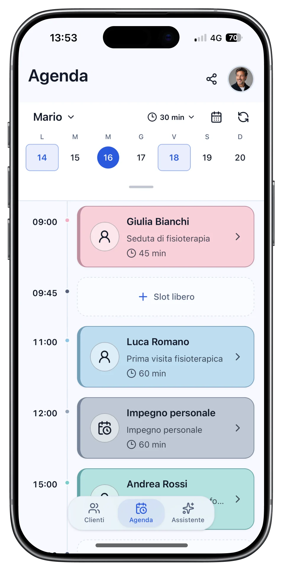 Agenda Fisioterapisti.app con appuntamenti e slot disponibili