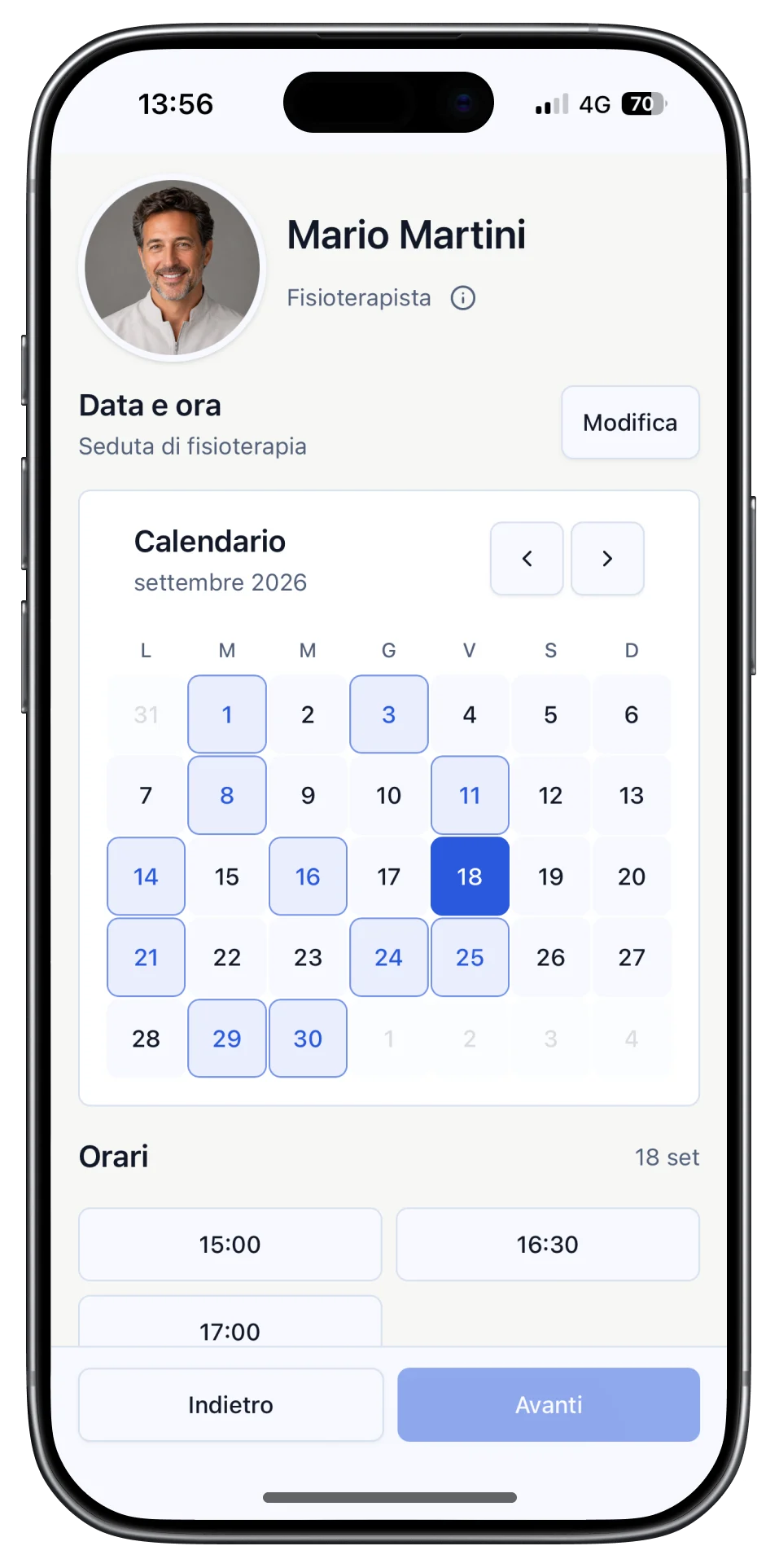 Scelta di giorno e orario disponibili in Fisioterapisti.app