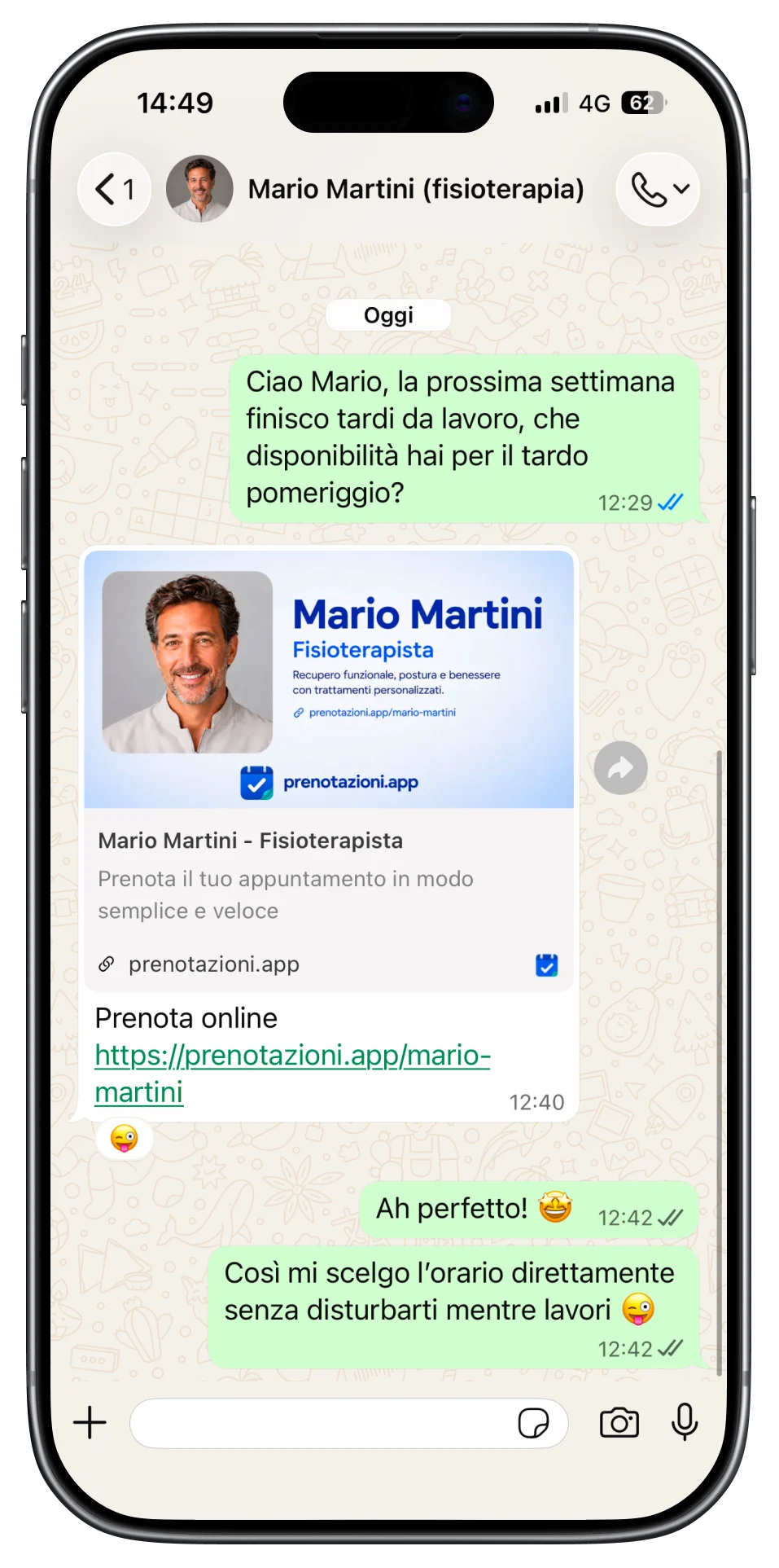 Link Fisioterapisti.app ricevuto dal cliente con anteprima professionale su WhatsApp
